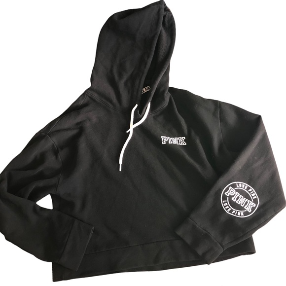 Pink Crop Sweatshirt Black hoodie long sleeve cozy comfy trendy sz S - Picture 1 of 4